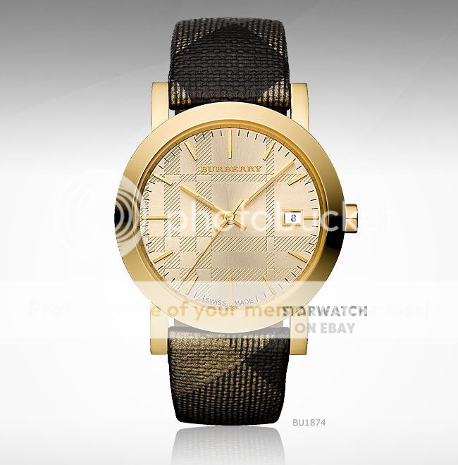 New Burberry Watch Womens Swiss Shimmer Check Fabric Strap 38mm Gold 